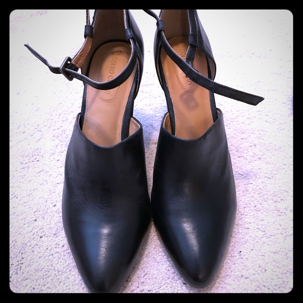 Black Corso Como heels with ankle strap, size 9